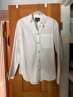 J. Crew White Button-Front Cotton Shirt with Jewel Buttons